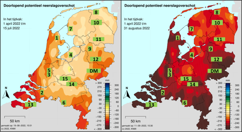 Figuur 2: Cumulatief neerslagtekort op 15 juli 2022 en 31 augustus 2022 (over periode vanaf 1 april 2022) De groen gearceerde getallen geven de globale locatie van de Koeien en Kansen-bedrijven aan