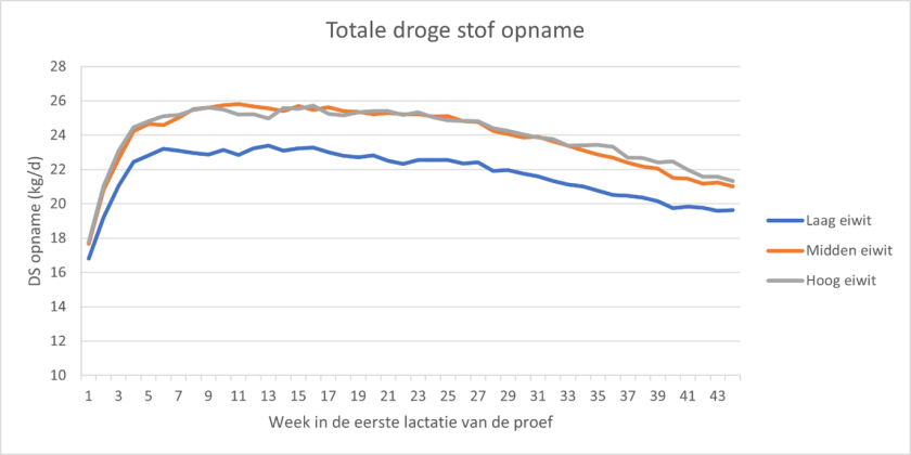 Figuur 1: Droge stof opname van koeien met verschillende eiwitgehaltes in het rantsoen (Laag: 13.3%; Midden 14.3%; Hoog: 15.4%) tijdens de eerste lactatie (44 weken) van de proef. Figuur 1: Droge stof opname van koeien met verschillende eiwitgehaltes in het rantsoen (Laag: 13.3%; Midden 14.3%; Hoog: 15.4%) tijdens de eerste lactatie (44 weken) van de proef.