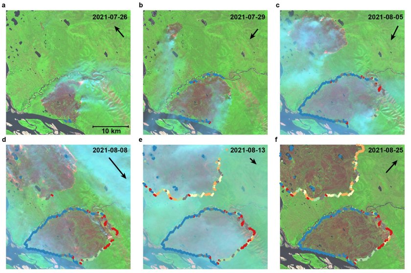 Twee branden die in de zomer van 2021 woedden langs de Lena-rivier, 350 kilometer ten noordwesten van Jakoetsk, Rusland. De panelen tonen met behulp van een Sentinel-2 satellietbeeld de voortgang van de brand. De bolletjes/lijnen laten zien waar de brand stopte. De kleuren geven aan welke factoren daaraan bijdroegen. Blauw geeft aan dat oppervlaktewater de brand heeft gestopt, rood een verandering in windrichting en windsnelheid, en oranje een verandering naar wisselvallig weer. Credit: Copernicus Sentinel-2-beeldmateriaal, met dank aan ESA.