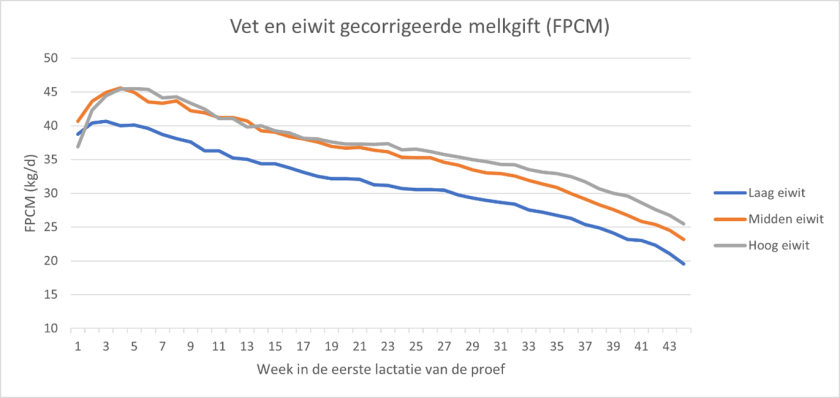 Figuur 2: Vet en eiwit gecorrigeerde melkgift (FPCM) van koeien met verschillende eiwitgehaltes in het rantsoen (Laag: 13.3%; Midden 14.3%; Hoog: 15.4%) tijdens de eerste lactatie (44 weken) van de proef. Figuur 2: Vet en eiwit gecorrigeerde melkgift (FPCM) van koeien met verschillende eiwitgehaltes in het rantsoen (Laag: 13.3%; Midden 14.3%; Hoog: 15.4%) tijdens de eerste lactatie (44 weken) van de proef.