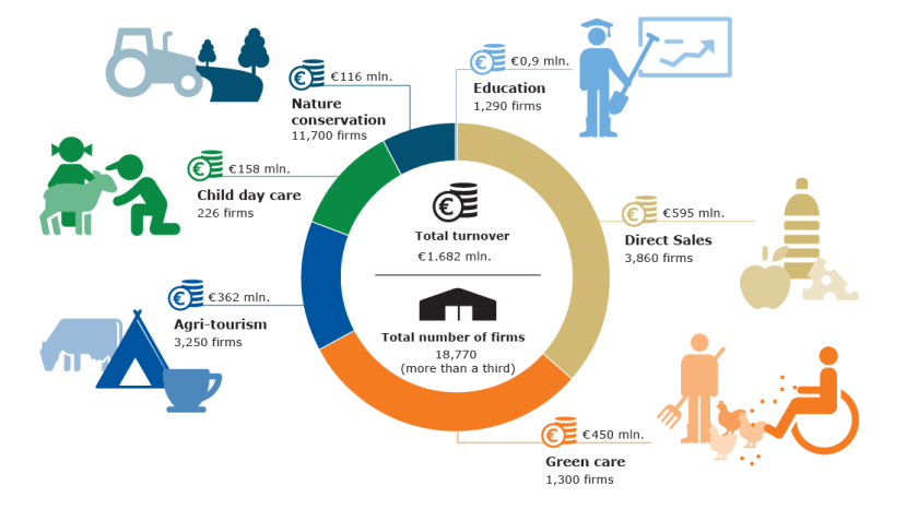 The infographic shows how many farms engage in different types of multifunctional agriculture and how much turnover they make from it. The total turnover is €1.682 million and the total number of farms 18,770.