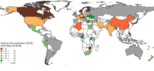 Figuur 1: Kosten van melkproductie ($/100 kg melk) in 2016 voor melkveebedrijven van gemiddelde omvang in de betreffende landen.